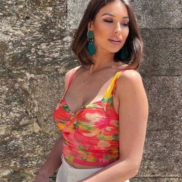 Zara Floral Pink Mesh Bustier Corset Ruched Crop Top Size Small - Picture 6 of 10